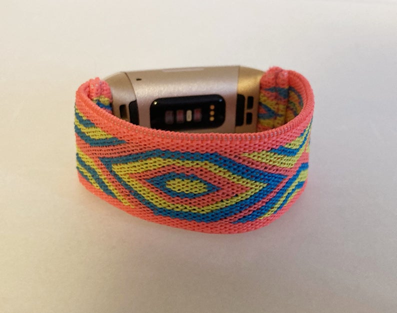 Elastic band for Fitbit charge 3 / 4 bands Handmade Customized Fitbit Charge 3 watch bands pink yellow and blue pattern